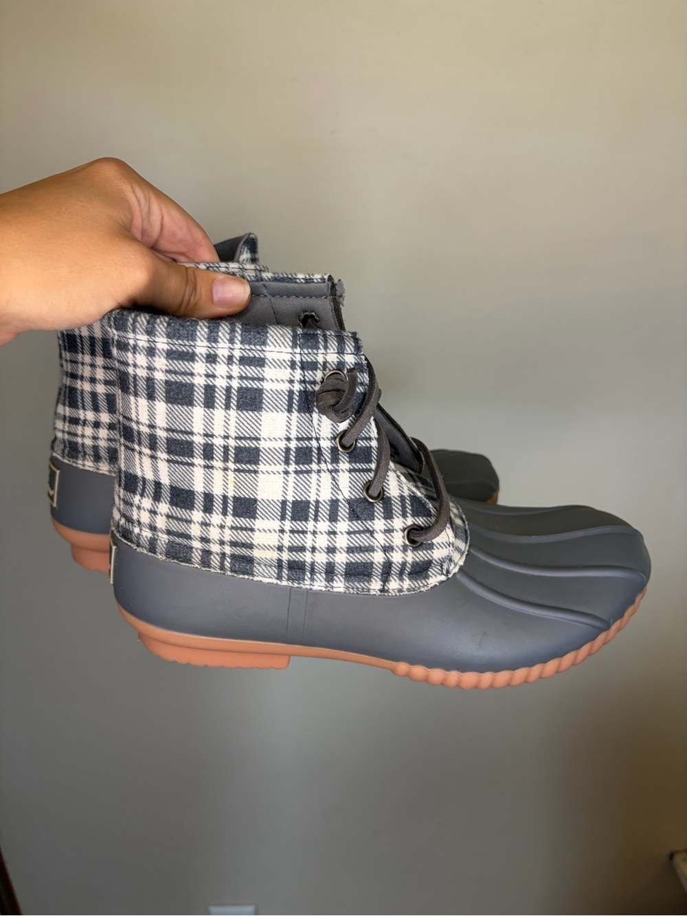 Simply Southern Kids Plaid Rain Boots in Gray and Tan